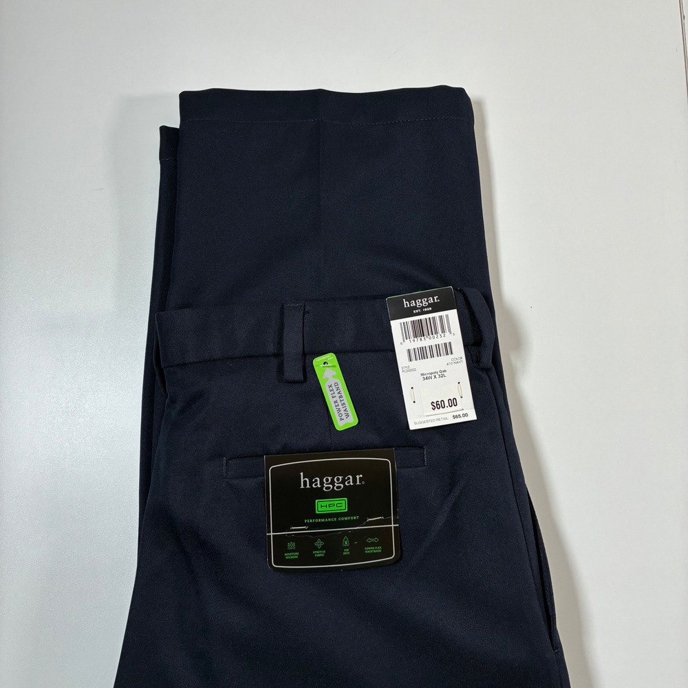NEW Haggar Dress Pants 34x32 Navy Blue Pleated Performance Comfort